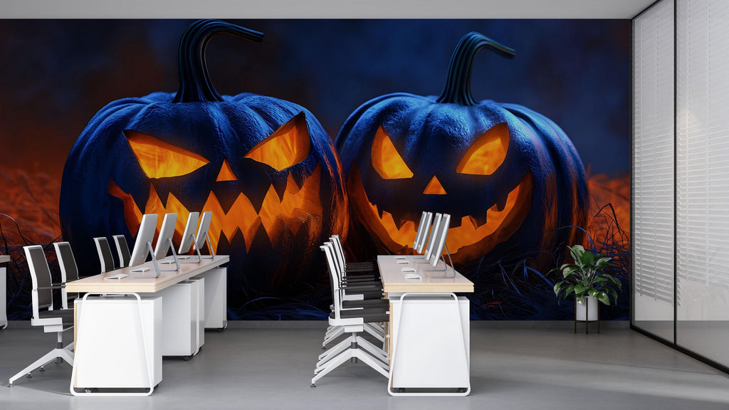 3D Halloween Jack-O'-Lantern Wallpaper Mural | Spooky Pumpkin Wall Art For Bedroom Or Living Room | Peel And Stick Haunted House Holiday