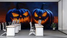 Load image into Gallery viewer, 3D Halloween Jack-O'-Lantern Wallpaper Mural | Spooky Pumpkin Wall Art For Bedroom Or Living Room | Peel And Stick Haunted House Holiday