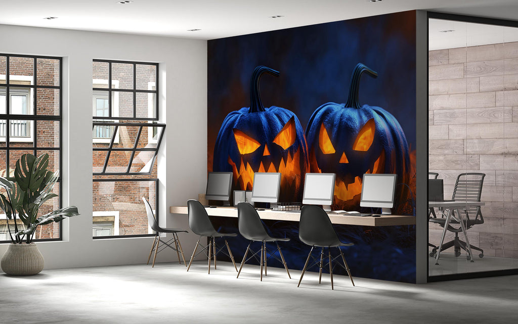 3D Halloween Jack-O'-Lantern Wallpaper Mural | Spooky Pumpkin Wall Art For Bedroom Or Living Room | Peel And Stick Haunted House Holiday