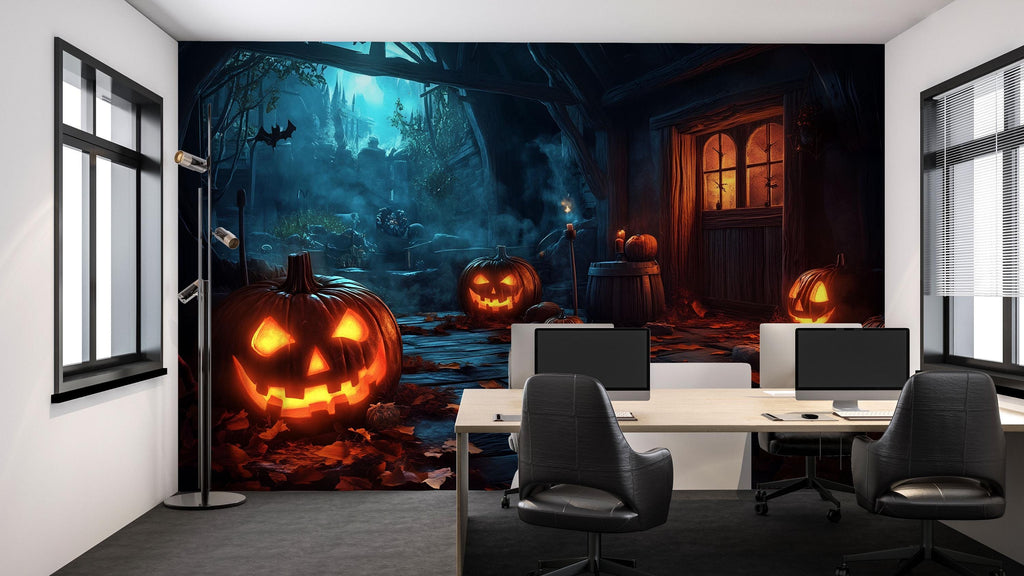 3D Halloween Pumpkin Alley Wallpaper Mural | Spooky Jack-O’-Lantern Wall Art For Office Or Home | Haunted Fall Decor | Peel And Stick
