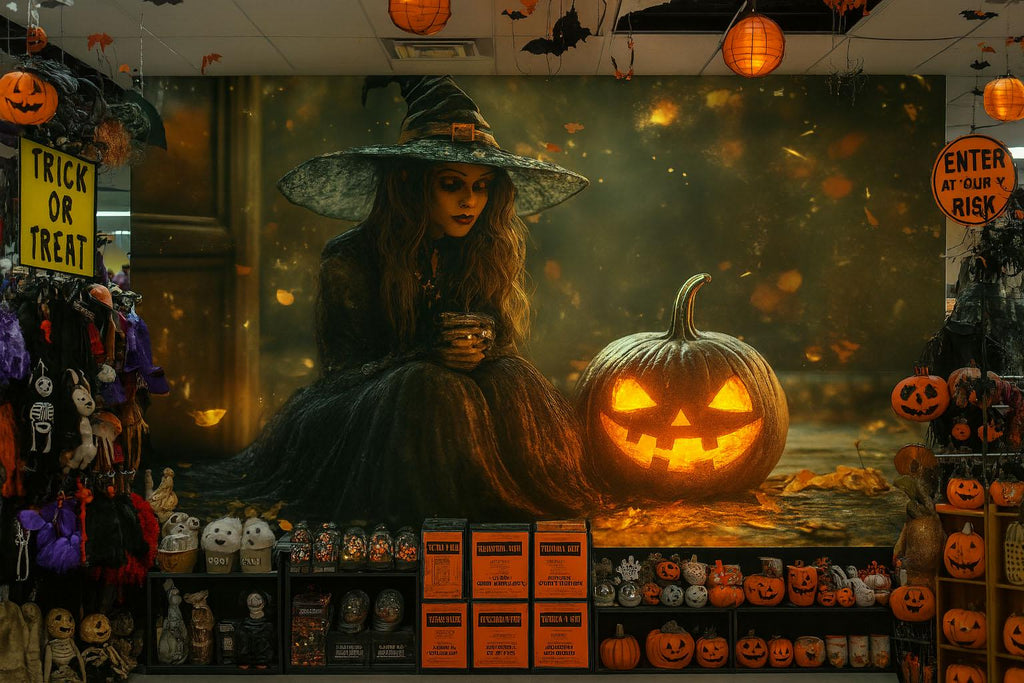 3D Halloween Witch And Pumpkin Wallpaper Mural | Spooky Fall Wall Art For Store Display, Party Or Home | Peel And Stick Haunted Decor |