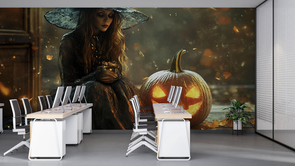 3D Halloween Witch And Pumpkin Wallpaper Mural | Spooky Fall Wall Art For Store Display, Party Or Home | Peel And Stick Haunted Decor |