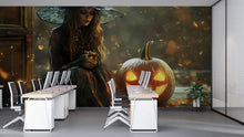 Load image into Gallery viewer, 3D Halloween Witch And Pumpkin Wallpaper Mural | Spooky Fall Wall Art For Store Display, Party Or Home | Peel And Stick Haunted Decor |