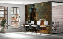 Load image into Gallery viewer, 3D Halloween Witch And Pumpkin Wallpaper Mural | Spooky Fall Wall Art For Store Display, Party Or Home | Peel And Stick Haunted Decor |