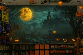 3D Haunted Church Halloween Wallpaper Mural | Glowing Pumpkin Path Wall Art | Gothic Spooky Decor For Home Or Store | Peel And Stick