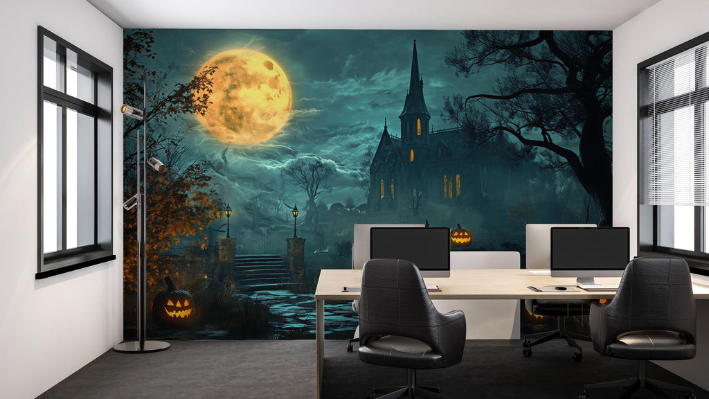 3D Haunted Church Halloween Wallpaper Mural | Glowing Pumpkin Path Wall Art | Gothic Spooky Decor For Home Or Store | Peel And Stick