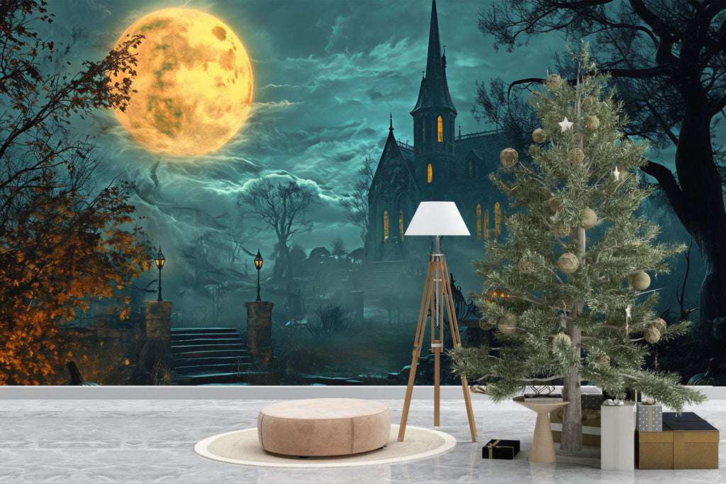 3D Haunted Church Halloween Wallpaper Mural | Glowing Pumpkin Path Wall Art | Gothic Spooky Decor For Home Or Store | Peel And Stick