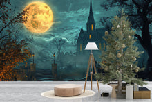 Load image into Gallery viewer, 3D Haunted Church Halloween Wallpaper Mural | Glowing Pumpkin Path Wall Art | Gothic Spooky Decor For Home Or Store | Peel And Stick