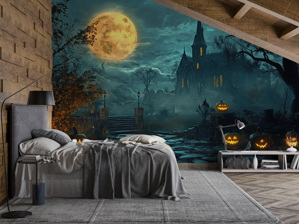 3D Haunted Church Halloween Wallpaper Mural | Glowing Pumpkin Path Wall Art | Gothic Spooky Decor For Home Or Store | Peel And Stick