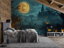 Load image into Gallery viewer, 3D Haunted Church Halloween Wallpaper Mural | Glowing Pumpkin Path Wall Art | Gothic Spooky Decor For Home Or Store | Peel And Stick
