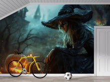 Load image into Gallery viewer, Halloween Witch 3D Wallpaper – Enchanted Forest Wall Mural with Pumpkins and Spooky Castle – Stylish Haunted Wall Art for Home, Office