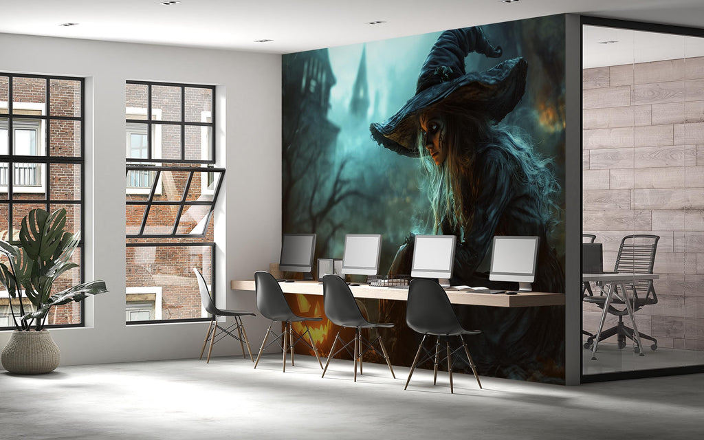 Halloween Witch 3D Wallpaper – Enchanted Forest Wall Mural with Pumpkins and Spooky Castle – Stylish Haunted Wall Art for Home, Office