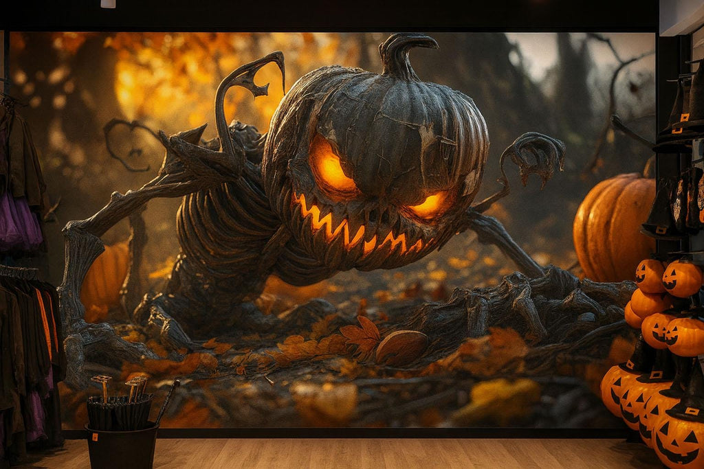 Creepy Pumpkin Monster 3D Wallpaper – Halloween Wall Mural With Glowing Jack-O'-Lantern Creature – Scary Wall Art for Haunted House