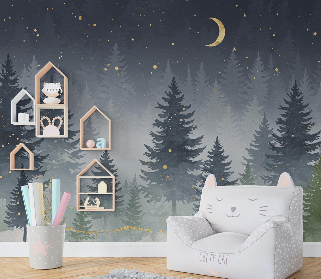 Dreamy Night Forest Nursery Wallpaper – Watercolor Evergreen Mural with Moon & Stars – Calm Snowy Woodland Wall Art for Baby Room 819RS