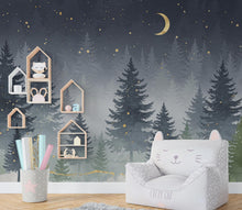 Load image into Gallery viewer, Dreamy Night Forest Nursery Wallpaper – Watercolor Evergreen Mural with Moon &amp; Stars – Calm Snowy Woodland Wall Art for Baby Room 819RS