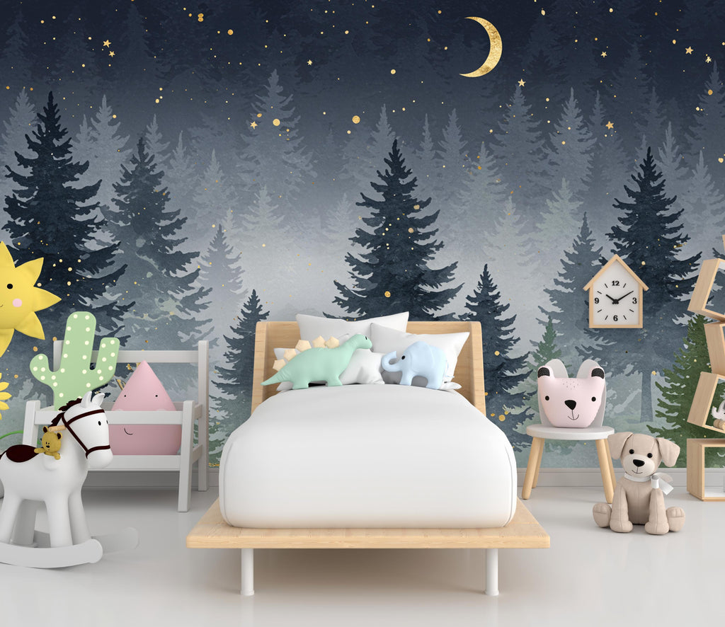 Dreamy Night Forest Nursery Wallpaper – Watercolor Evergreen Mural with Moon & Stars – Calm Snowy Woodland Wall Art for Baby Room 819RS