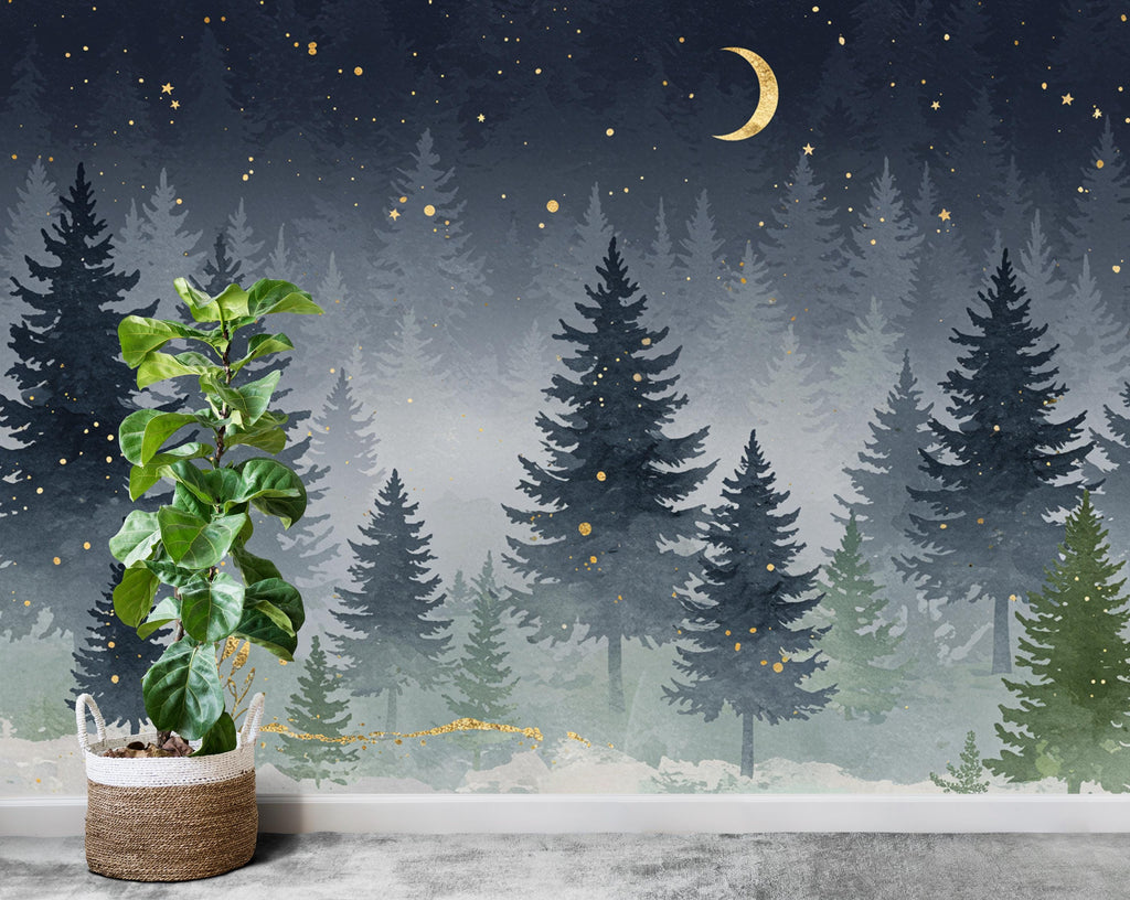 Dreamy Night Forest Nursery Wallpaper – Watercolor Evergreen Mural with Moon & Stars – Calm Snowy Woodland Wall Art for Baby Room 819RS