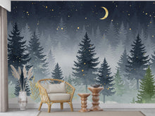 Load image into Gallery viewer, Dreamy Night Forest Nursery Wallpaper – Watercolor Evergreen Mural with Moon &amp; Stars – Calm Snowy Woodland Wall Art for Baby Room 819RS