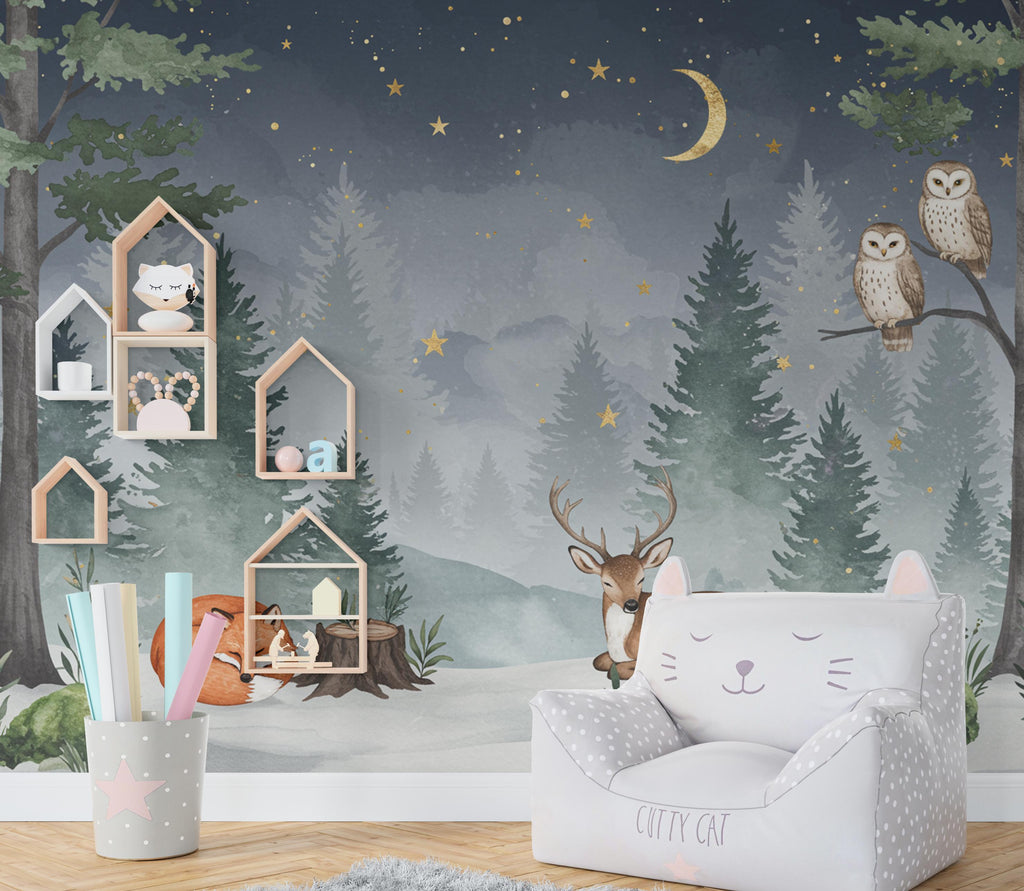 Dreamy Nighttime Forest Animal Nursery Wallpaper – Watercolor Woodland Mural with Moon & Stars – Calm Baby Room Wall Art in Blue 818RS