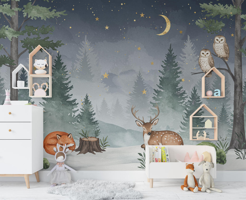 Dreamy Nighttime Forest Animal Nursery Wallpaper – Watercolor Woodland Mural with Moon & Stars – Calm Baby Room Wall Art in Blue 818RS