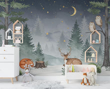 Load image into Gallery viewer, Dreamy Nighttime Forest Animal Nursery Wallpaper – Watercolor Woodland Mural with Moon &amp; Stars – Calm Baby Room Wall Art in Blue 818RS