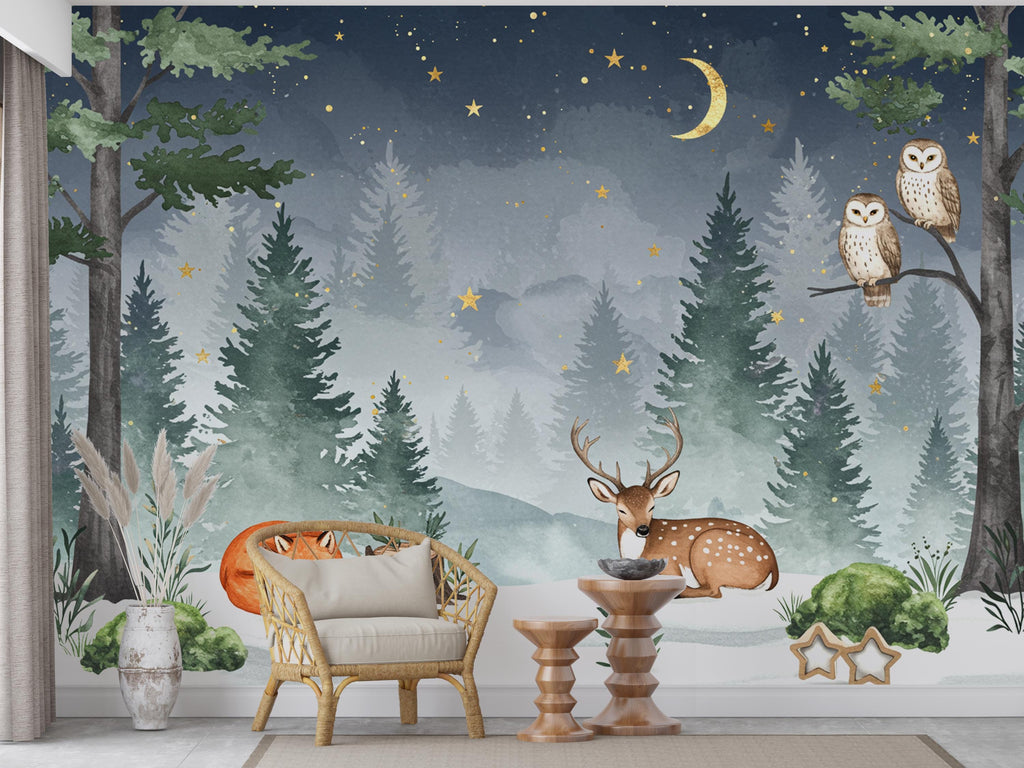 Dreamy Nighttime Forest Animal Nursery Wallpaper – Watercolor Woodland Mural with Moon & Stars – Calm Baby Room Wall Art in Blue 818RS
