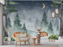 Load image into Gallery viewer, Dreamy Nighttime Forest Animal Nursery Wallpaper – Watercolor Woodland Mural with Moon &amp; Stars – Calm Baby Room Wall Art in Blue 818RS