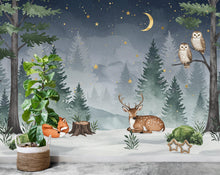 Load image into Gallery viewer, Dreamy Nighttime Forest Animal Nursery Wallpaper – Watercolor Woodland Mural with Moon &amp; Stars – Calm Baby Room Wall Art in Blue 818RS