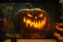 Load image into Gallery viewer, Evil Pumpkin 3D Wallpaper – Fierce Jack-O’-Lantern Wall Mural for Halloween Stores, Haunted Houses or Spooky Home Decor – Bold Halloween