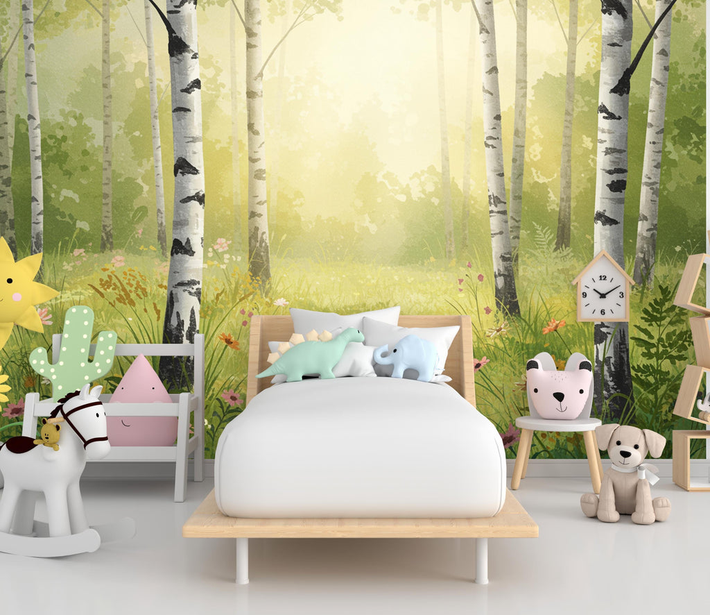 Serene Birch Grove Wallpaper Mural – Watercolor Forest Wall Art with Sunlight, Ferns & Wildflowers – Tranquil Nature Wall Decor 820RS