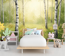 Load image into Gallery viewer, Serene Birch Grove Wallpaper Mural – Watercolor Forest Wall Art with Sunlight, Ferns &amp; Wildflowers – Tranquil Nature Wall Decor 820RS