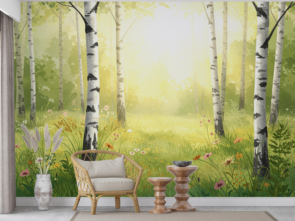 Serene Birch Grove Wallpaper Mural – Watercolor Forest Wall Art with Sunlight, Ferns & Wildflowers – Tranquil Nature Wall Decor 820RS