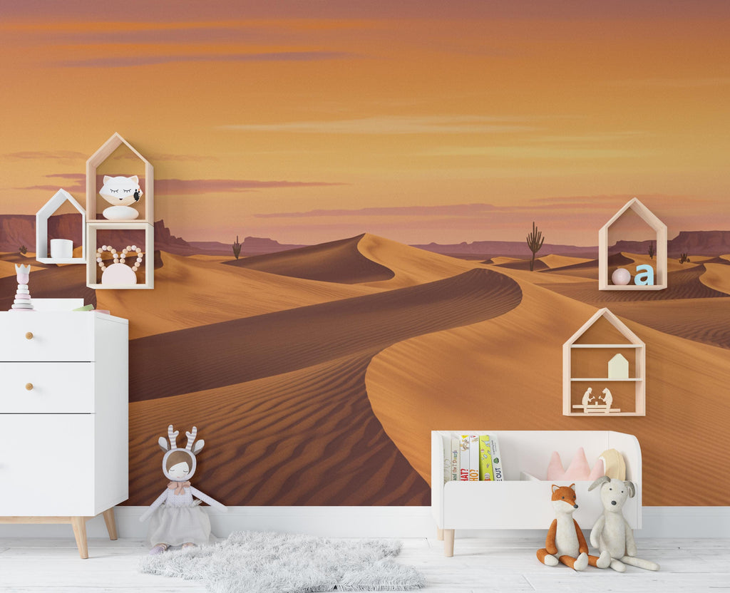 Watercolor Desert Sunset Wallpaper Mural – Elegant Warm Toned Dune Landscape with Cactus & Mesas – Terracotta Peach Wall Art Decor 821RS