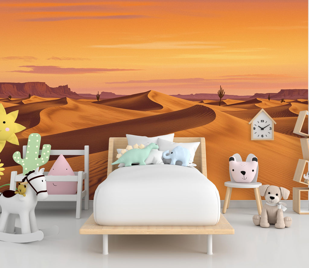 Watercolor Desert Sunset Wallpaper Mural – Elegant Warm Toned Dune Landscape with Cactus & Mesas – Terracotta Peach Wall Art Decor 821RS