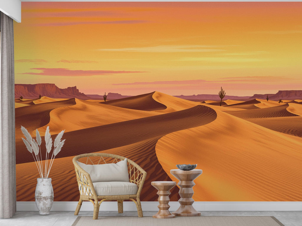 Watercolor Desert Sunset Wallpaper Mural – Elegant Warm Toned Dune Landscape with Cactus & Mesas – Terracotta Peach Wall Art Decor 821RS