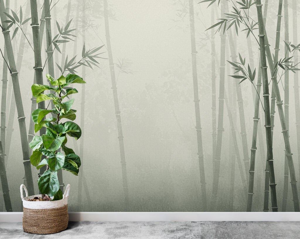 Minimalist Watercolor Bamboo Forest Wall Mural – Misty Asian Nature Wallpaper in Soft Green & Beige Tones Bambo wallpaper wall mural 822RS
