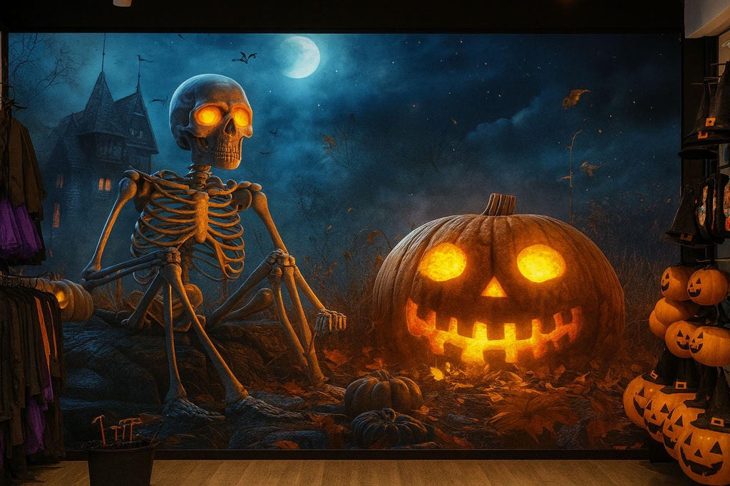 Skeleton & Pumpkin 3D Halloween Wallpaper – Haunted House Wall Mural with Glowing Jack-O’-Lanterns – Spooky Fall Decor for Bedroom, Retail
