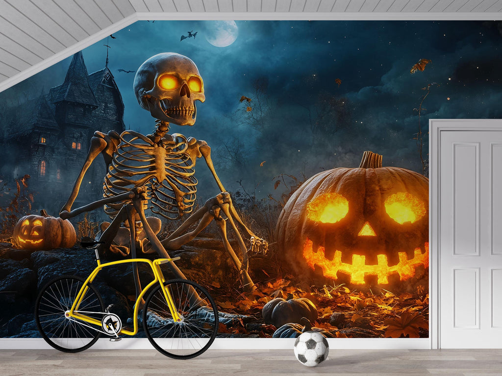 Skeleton & Pumpkin 3D Halloween Wallpaper – Haunted House Wall Mural with Glowing Jack-O’-Lanterns – Spooky Fall Decor for Bedroom, Retail