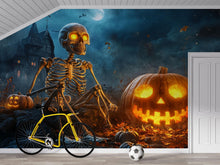 Load image into Gallery viewer, Skeleton &amp; Pumpkin 3D Halloween Wallpaper – Haunted House Wall Mural with Glowing Jack-O’-Lanterns – Spooky Fall Decor for Bedroom, Retail