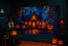 Load image into Gallery viewer, Pumpkin Cottage 3D Halloween Wallpaper – Whimsical Jack-O’-Lantern Wall Mural for Kids’ Rooms, Shops, or Cozy Fall Decor – Magical Holiday