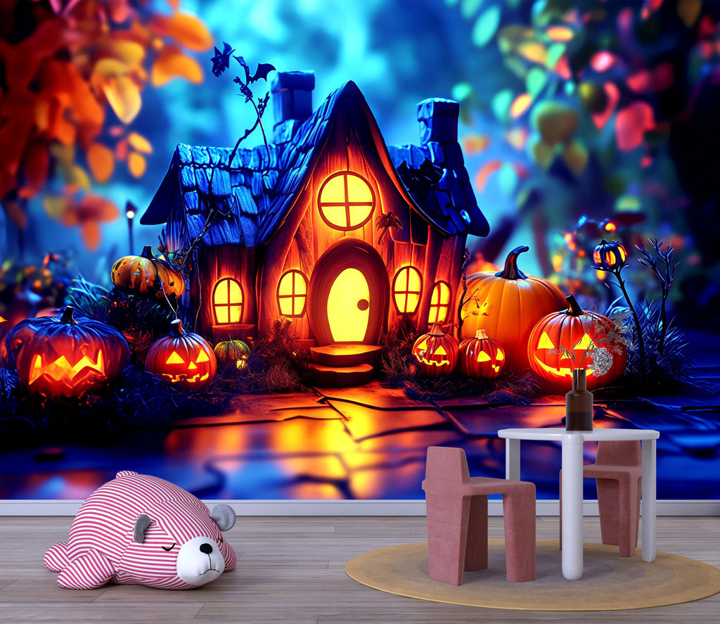Pumpkin Cottage 3D Halloween Wallpaper – Whimsical Jack-O’-Lantern Wall Mural for Kids’ Rooms, Shops, or Cozy Fall Decor – Magical Holiday