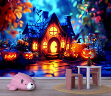 Load image into Gallery viewer, Pumpkin Cottage 3D Halloween Wallpaper – Whimsical Jack-O’-Lantern Wall Mural for Kids’ Rooms, Shops, or Cozy Fall Decor – Magical Holiday