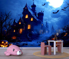 Load image into Gallery viewer, Haunted Castle 3D Halloween Wallpaper – Spooky Mansion Wall Mural with Glowing Jack-O’-Lanterns and Full Moon – Gothic Halloween Decor