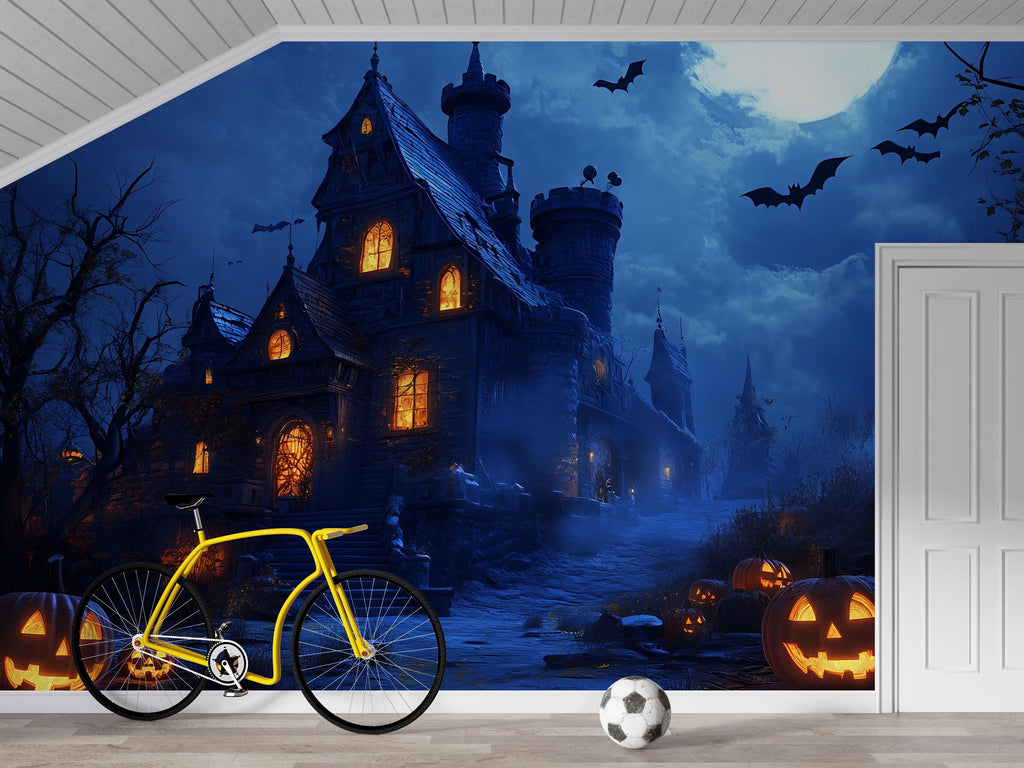 Haunted Castle 3D Halloween Wallpaper – Spooky Mansion Wall Mural with Glowing Jack-O’-Lanterns and Full Moon – Gothic Halloween Decor