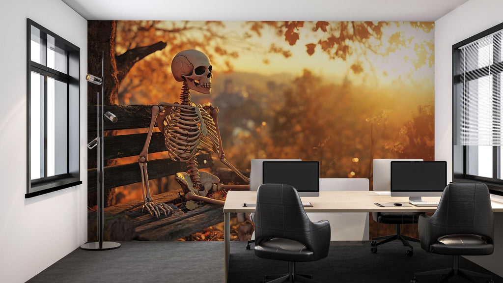 Skeleton on a Bench 3D Halloween Wallpaper – Funny Spooky Wall Mural with Autumn Sunset – Stylish Halloween Decor for Living Room, Office