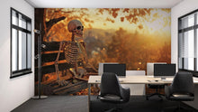 Load image into Gallery viewer, Skeleton on a Bench 3D Halloween Wallpaper – Funny Spooky Wall Mural with Autumn Sunset – Stylish Halloween Decor for Living Room, Office