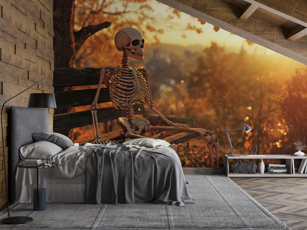 Skeleton on a Bench 3D Halloween Wallpaper – Funny Spooky Wall Mural with Autumn Sunset – Stylish Halloween Decor for Living Room, Office