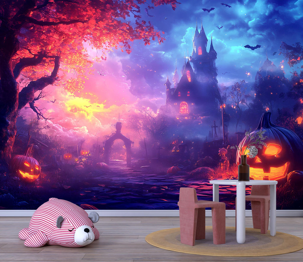 Whimsical Halloween Castle 3D Wallpaper – Spooky Haunted House Wall Mural with Glowing Pumpkins and Fantasy Sky – Kids Room