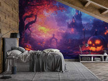 Load image into Gallery viewer, Whimsical Halloween Castle 3D Wallpaper – Spooky Haunted House Wall Mural with Glowing Pumpkins and Fantasy Sky – Kids Room