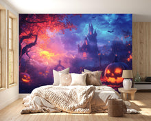 Load image into Gallery viewer, Whimsical Halloween Castle 3D Wallpaper – Spooky Haunted House Wall Mural with Glowing Pumpkins and Fantasy Sky – Kids Room